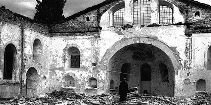 Ecumenical Patriarch Athenagoras I of Constantinople inside the ruins of the destroyed Orthodox church of Saint Constantine, Istanbul.
