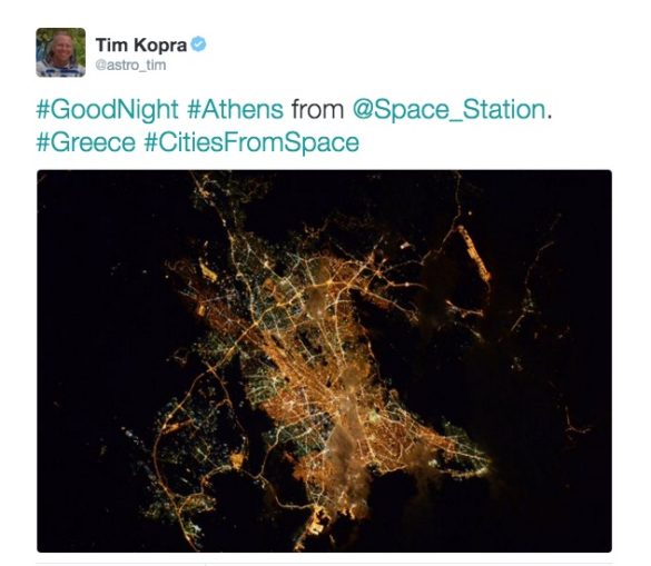 Astronaut Tweets Good Night with Photo of Athens from Space