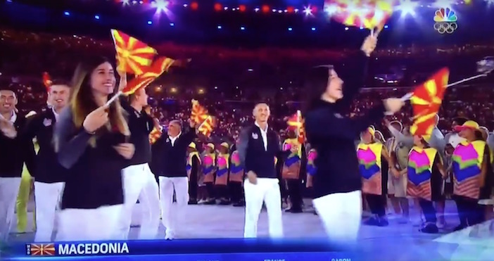 A screenshot from NBC television coverage with an onscreen graphic listing the nation as "Macedonia," despite its official reference as the "Former Yuguslav Republic of Macedonia" by the International Olympic Committee.
