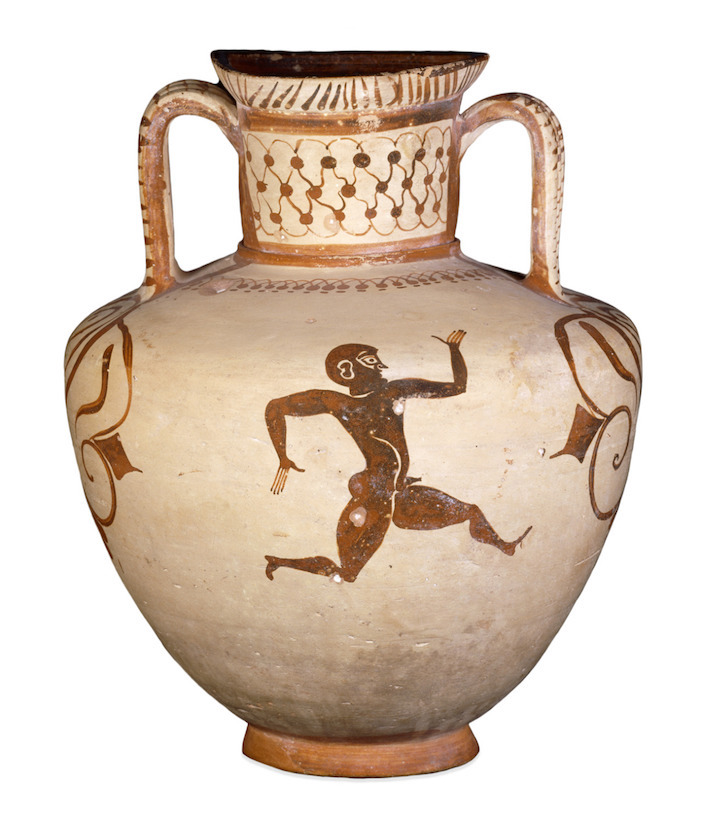 A vase uncovered in Rhodes depicting runners, on display at the British Museum.