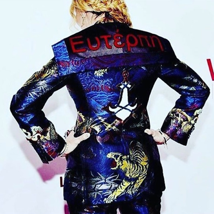 The back of Madonna's Gucci pant suit with the name Euterpe on it, the Greek muse of music and lyric poetry.