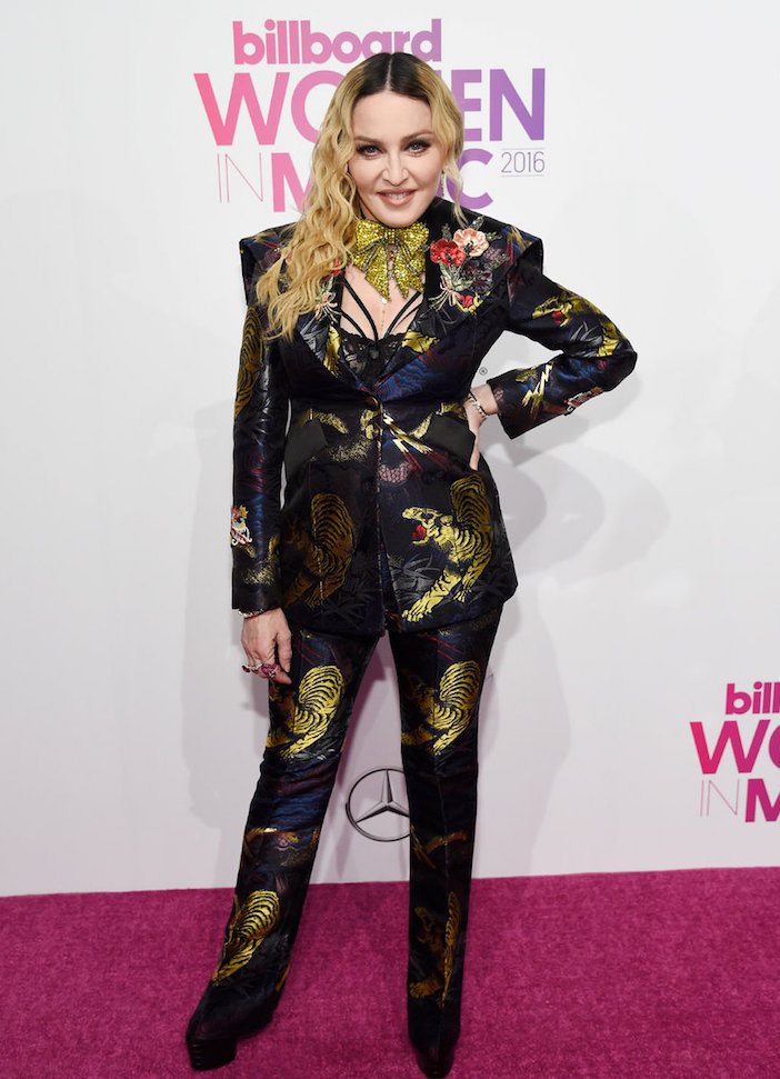 Madonna rocking her Gucci pant suit at the Billboard Women in Music event in New York City where she was named Woman of the Year.