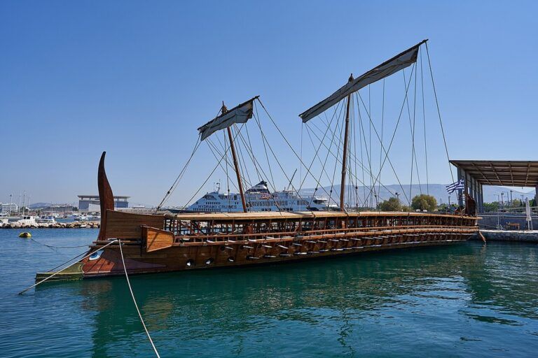 Olympias, the full-scale reconstruction of an ancient Greek trireme, under oar