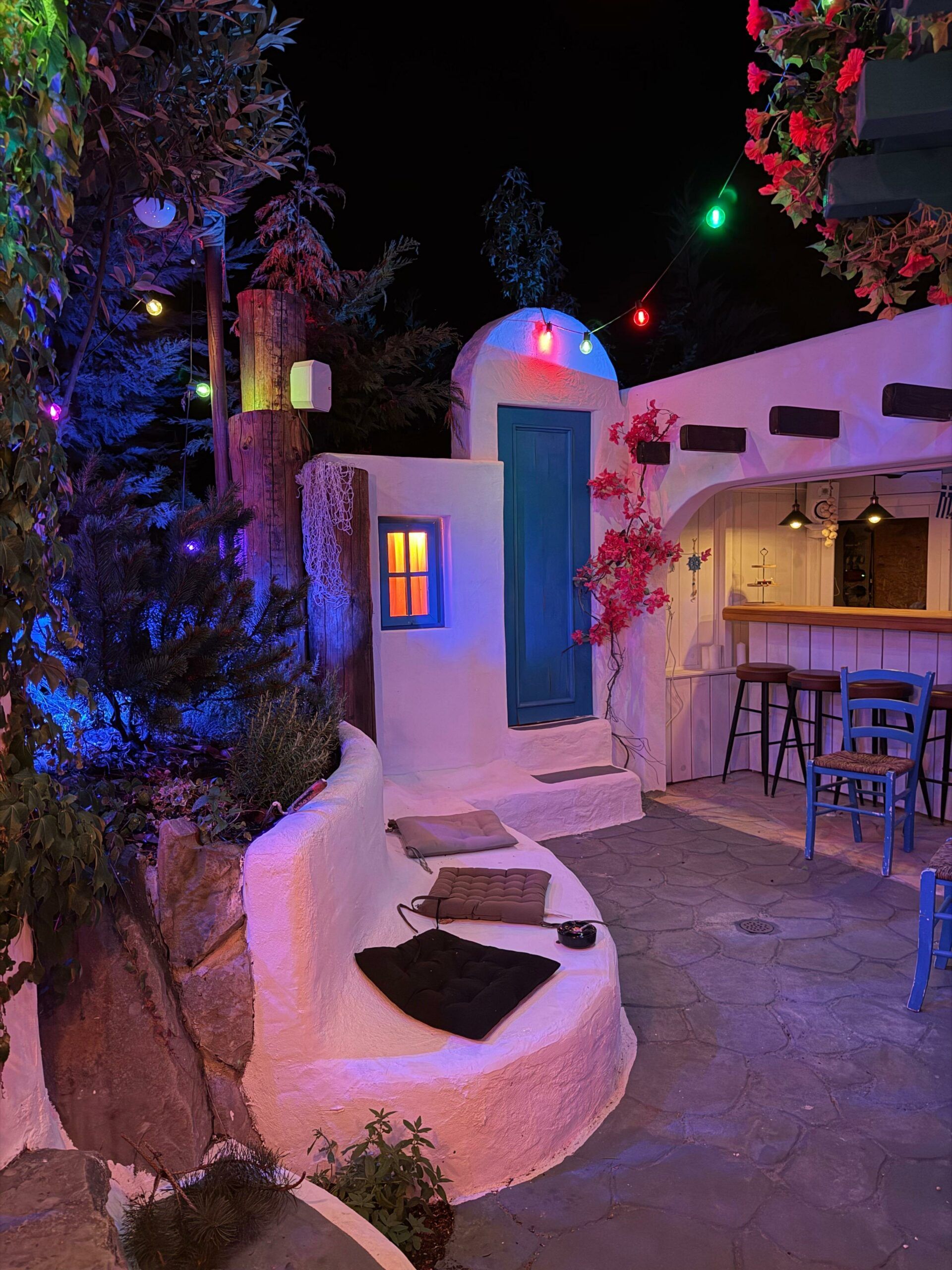 Little Greece taverna illuminated at night in Switzerland