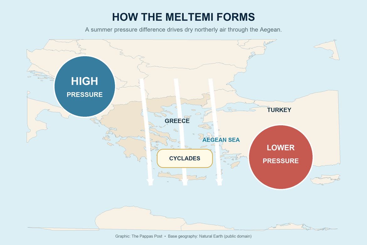 Diagram showing higher pressure north of Greece and lower pressure toward Turkey driving the Meltemi south through the Aegean