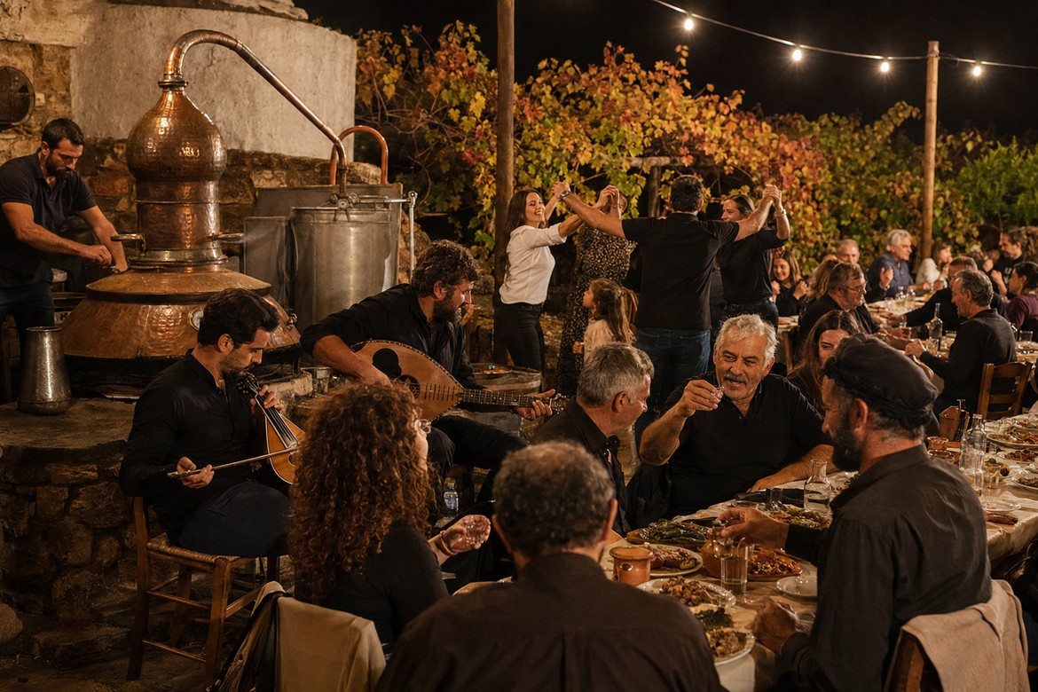 Illustrative image of a traditional Cretan kazani gathering with live music, shared food, dancing and a copper still.
