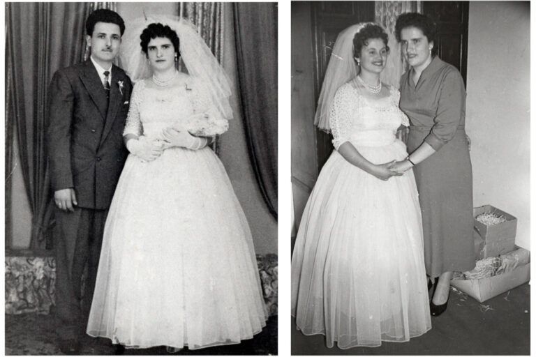 Two wedding photographs from Effy Alexakis’s project documenting a dress shared by six Greek brides