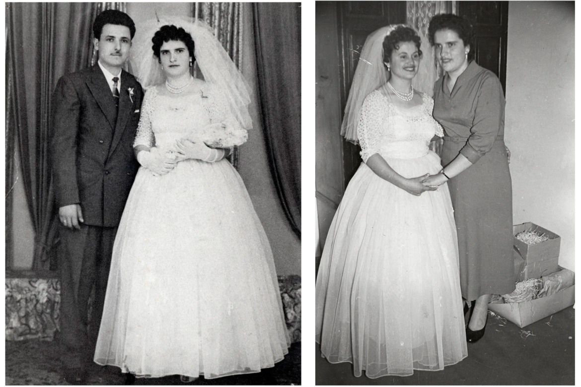 Two wedding photographs from Effy Alexakis’s project documenting a dress shared by six Greek brides