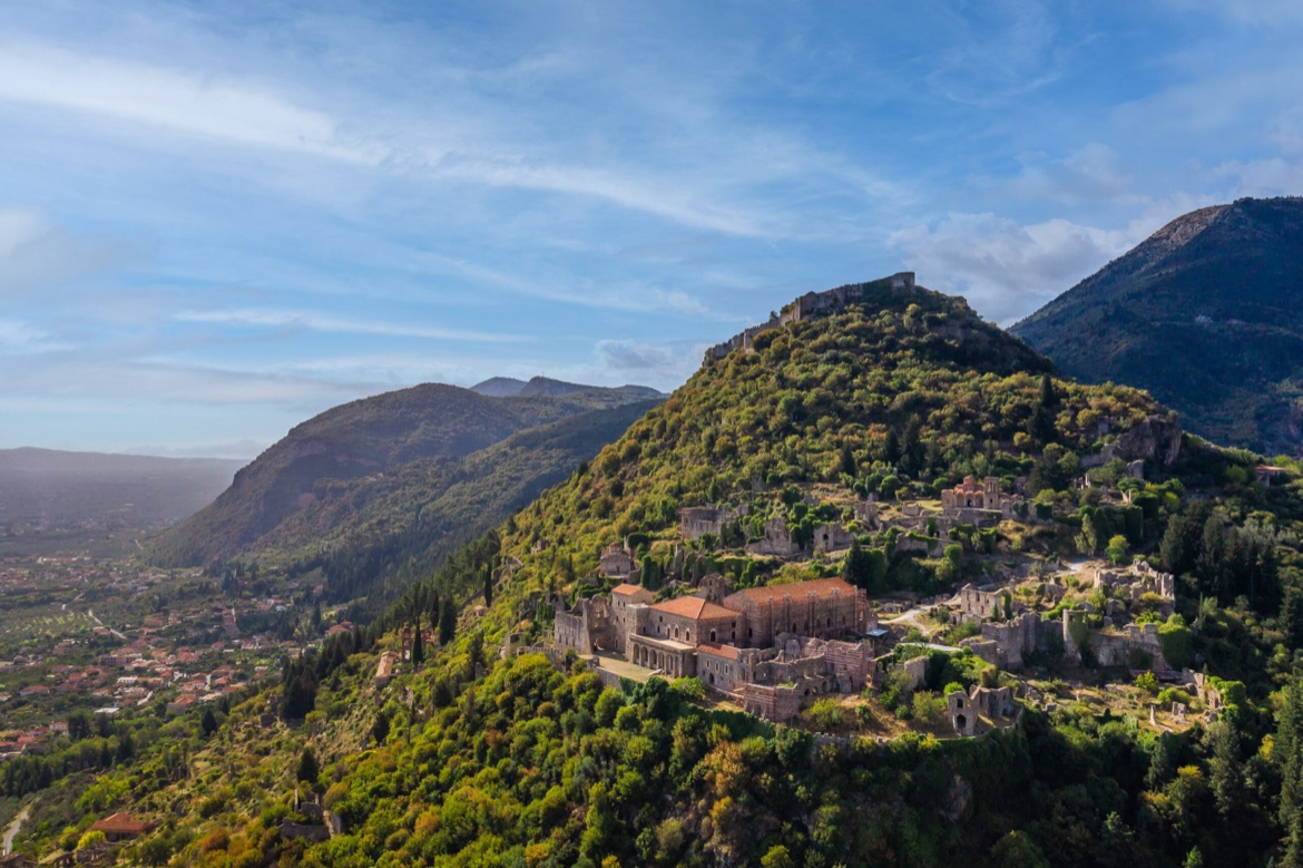 The Byzantine archaeological site of Mystras on a mountainside in the Peloponnese